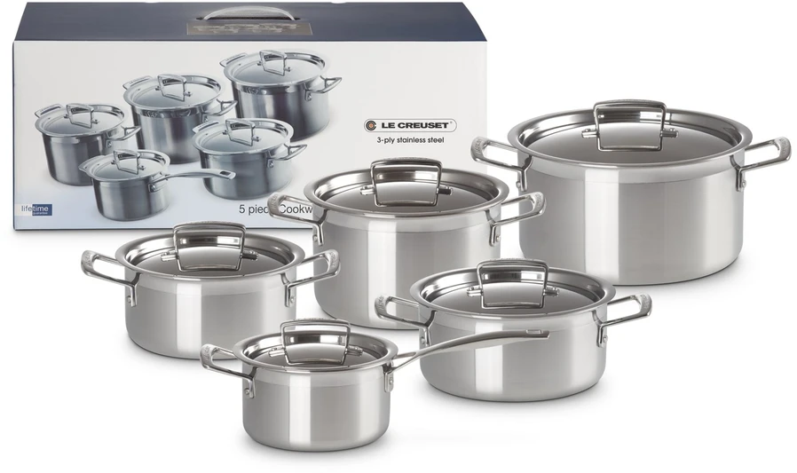 Virtuvės Indų Rinkinys - Le Creuset 3-Sluoksnis 5-Dalių Nerūdijančio Plieno Puodų Rinkinys