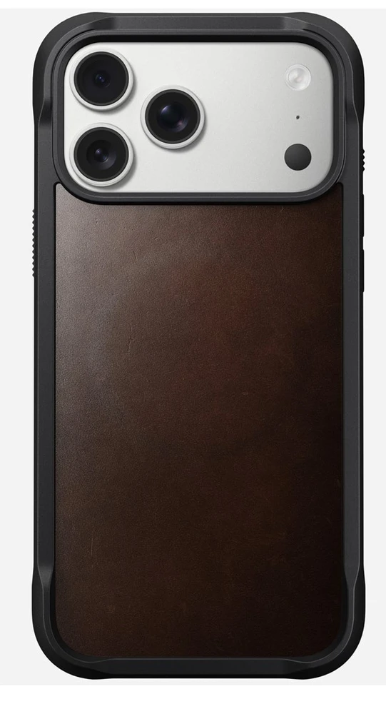 „Nomad“ tvirtas odinis dėklas, kaimiškos rudos spalvos („Horween“) – „iPhone 17 Pro Max“