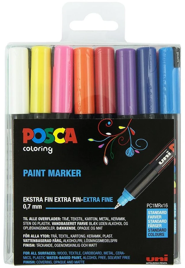 Dėlionė Carruzzo POSCA uni PC-1MR, 16 pcs žymeklis 16 vnt Taškinis antgalis Juoda, Mėlyna, Auksas, Žalia, Oranžinė, Rožinė, Raudona, Sidabras, Violetinė, Balta, Geltona