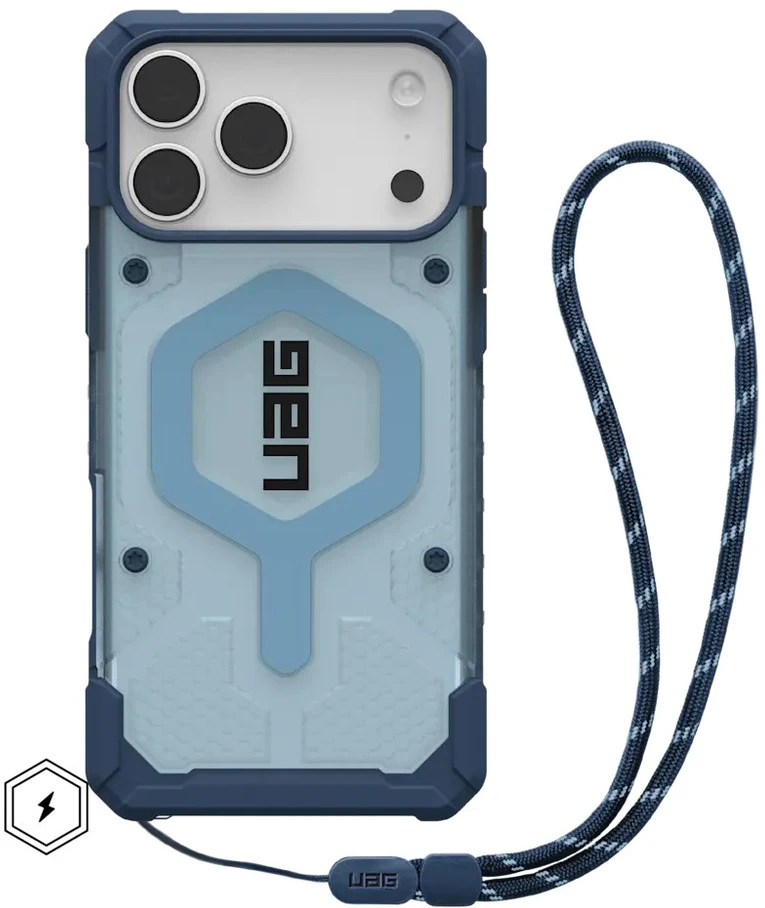 Dėklas Urban Armor Gear UAG Pathfinder Magsafe mėlynas skaidrus dirželis iPhone 17 Pro Max telefonui