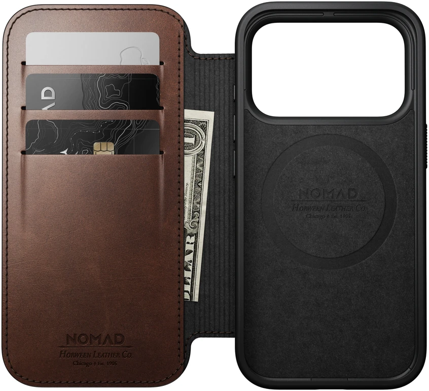 Cases and Covers - Flip Nomad Modern Leather Folio, rustic ruda (Horween) – iPhone 18 Pro/17 Pro dėklas