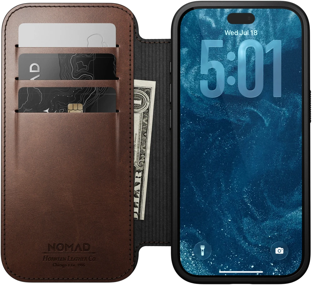 Cases and Covers - Flip Nomad Modern Leather Folio, rustic ruda (Horween) – iPhone 18 Pro/17 Pro dėklas