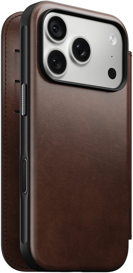 Cases and Covers - Flip Nomad Modern Leather Folio, rustic ruda (Horween) – iPhone 18 Pro/17 Pro dėklas