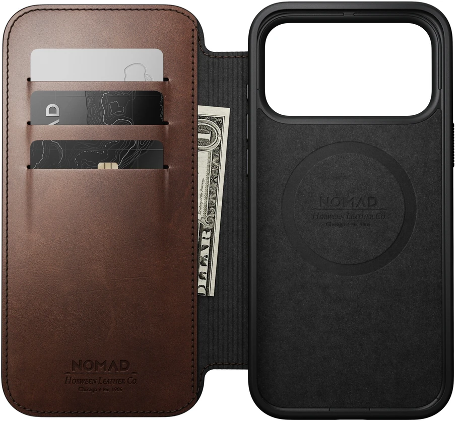 Cases and Covers - Flip Nomad Modern odinis dėklas-knygelė, rustic ruda (Horween) – iPhone 18 Pro Max/17 Pro Max
