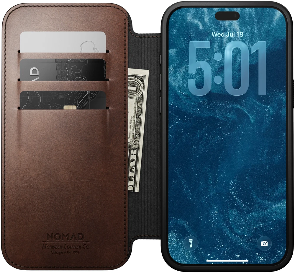 Cases and Covers - Flip Nomad Modern odinis dėklas-knygelė, rustic ruda (Horween) – iPhone 18 Pro Max/17 Pro Max