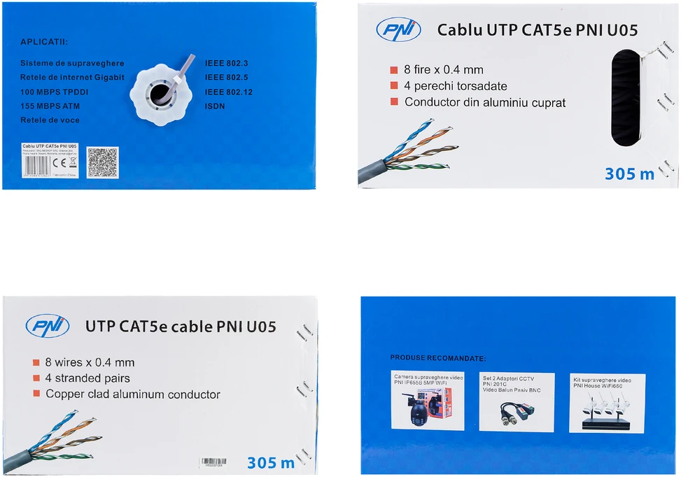 CAT5e UTP kabelis PNI U05 su 4 poromis internetui 1 Gigabit ir stebėjimo sistemoms, ritė 305m