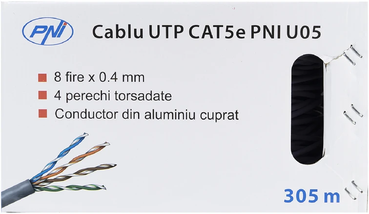 CAT5e UTP kabelis PNI U05 su 4 poromis internetui 1 Gigabit ir stebėjimo sistemoms, ritė 305m