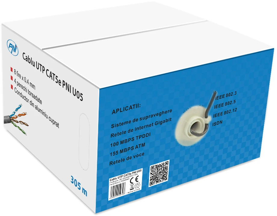 CAT5e UTP kabelis PNI U05 su 4 poromis internetui 1 Gigabit ir stebėjimo sistemoms, ritė 305m