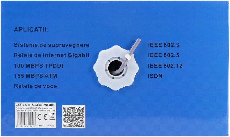 CAT5e UTP kabelis PNI U05 su 4 poromis internetui 1 Gigabit ir stebėjimo sistemoms, ritė 305m