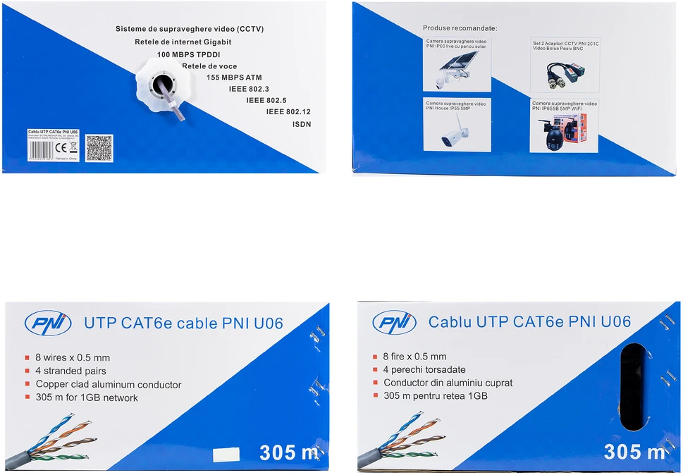 CAT6e UTP kabelis PNI U06 su 4 poromis internetui 1 Gigabit ir stebėjimo sistemoms, ritė 305m