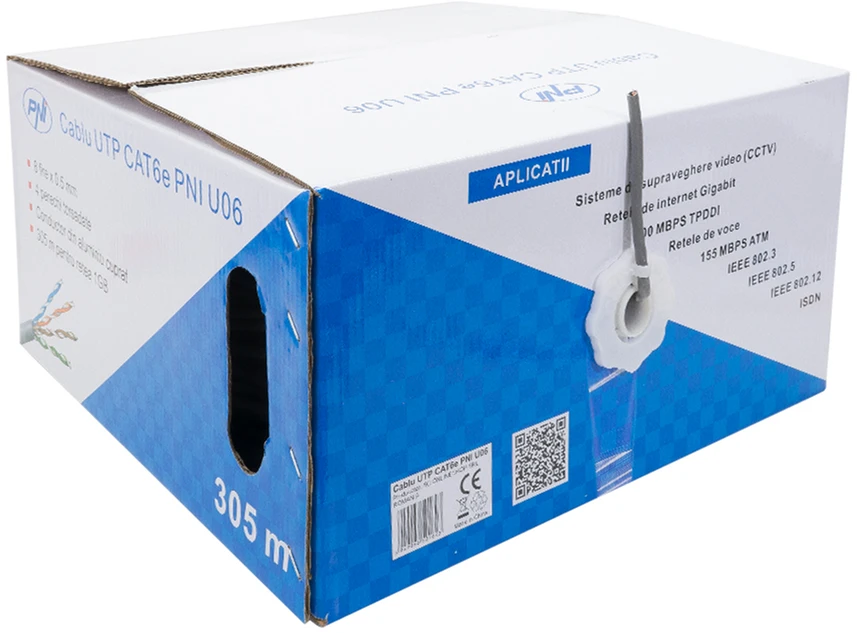 CAT6e UTP kabelis PNI U06 su 4 poromis internetui 1 Gigabit ir stebėjimo sistemoms, ritė 305m