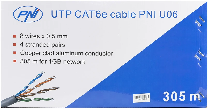CAT6e UTP kabelis PNI U06 su 4 poromis internetui 1 Gigabit ir stebėjimo sistemoms, ritė 305m