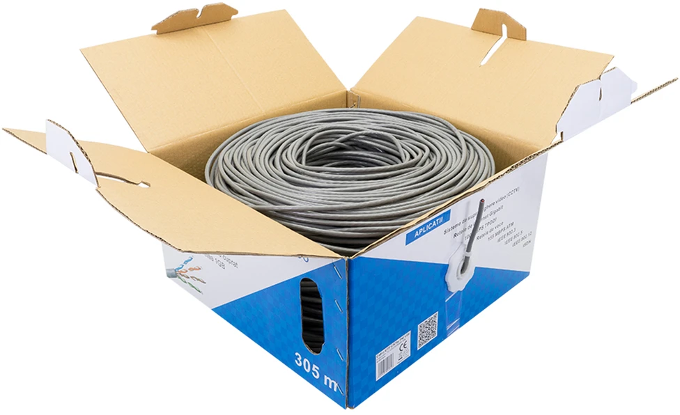 CAT6e UTP kabelis PNI U06 su 4 poromis internetui 1 Gigabit ir stebėjimo sistemoms, ritė 305m