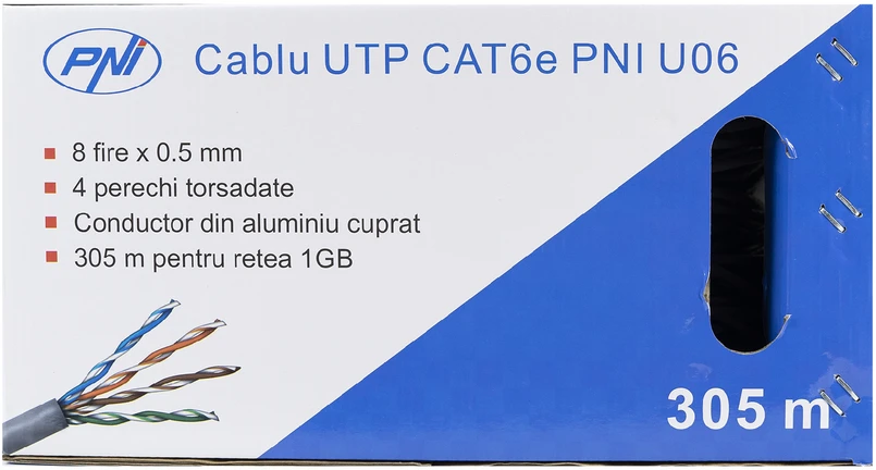 CAT6e UTP kabelis PNI U06 su 4 poromis internetui 1 Gigabit ir stebėjimo sistemoms, ritė 305m
