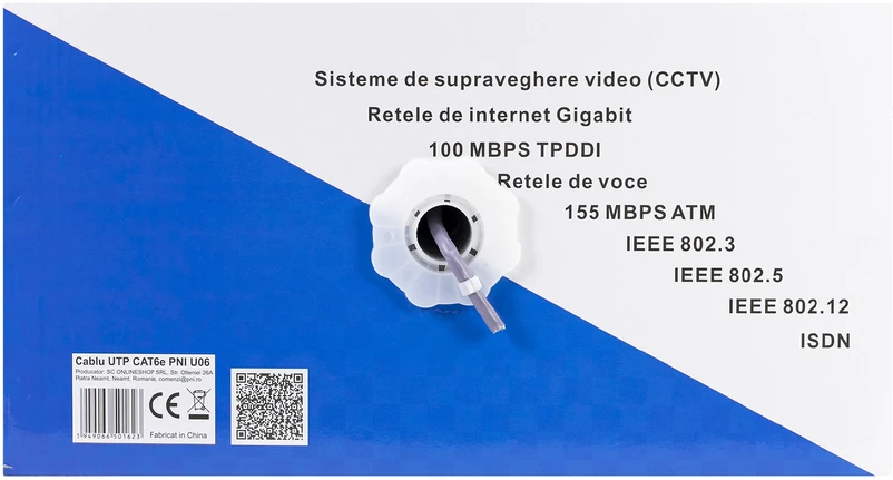 CAT6e UTP kabelis PNI U06 su 4 poromis internetui 1 Gigabit ir stebėjimo sistemoms, ritė 305m