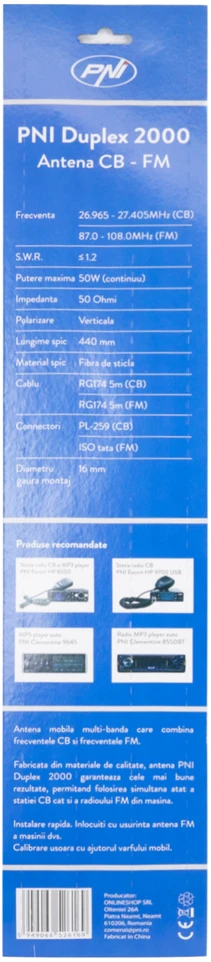 CB antena PNI Duplex 2000 CB-FM, 26-28MHz (CB), 87-108MHz (FM), CB kabelis ir FM kabelis 5 metrai, stiklo pluoštas, ilgis 490 mm