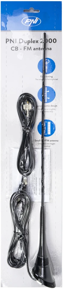 CB antena PNI Duplex 2000 CB-FM, 26-28MHz (CB), 87-108MHz (FM), CB kabelis ir FM kabelis 5 metrai, stiklo pluoštas, ilgis 490 mm