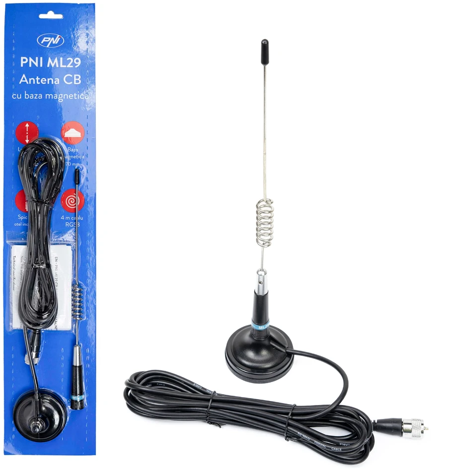 CB antena PNI ML29, ilgis 29 cm, su pridedamu 70 mm skersmens magnetiniu pagrindu ir RG58 kabeliu