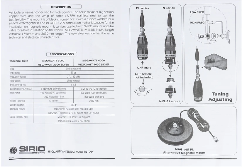 CB antena Sirio Megawatt 3000 PL, 173,5 cm, kodas 2211505.05, be kabelio