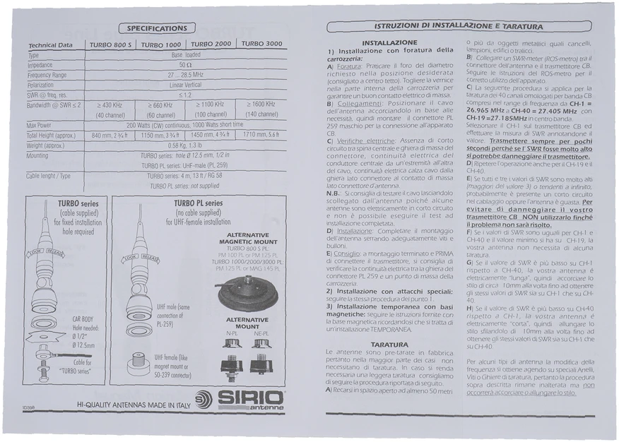 CB antena Sirio Turbo 3000PL Mėlyna Line kod. 2202405.41 be laido