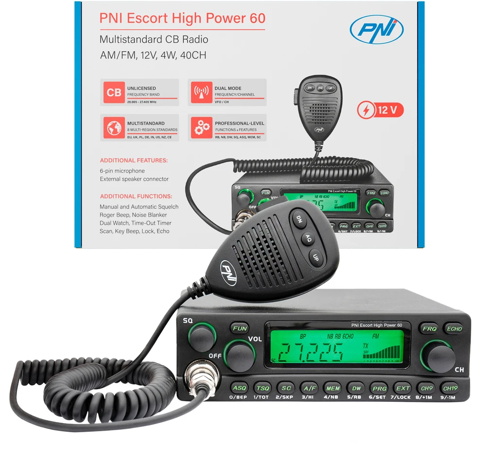 CB ir mėgėjiška radijo stotelė PNI Escort 60 Multistandard, FM/AM, 12V, ASQ, RF Gain