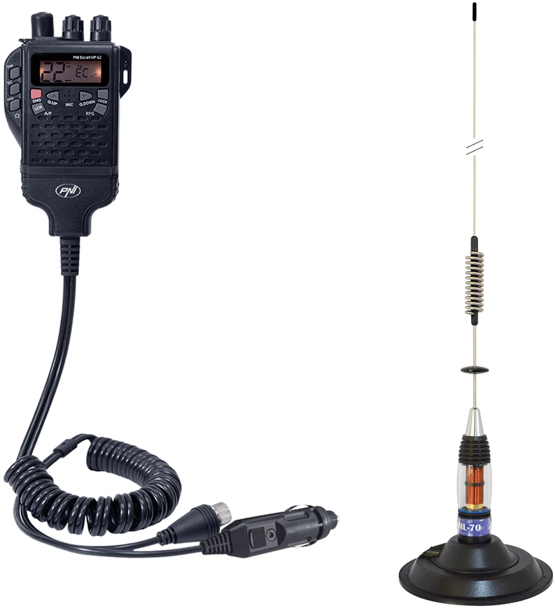 CB PNI Escort HP 62 radijo stoties komplektas, ASQ, RF Gain ir CB PNI ML70 antena su 145 mm magnetiniu pagrindu