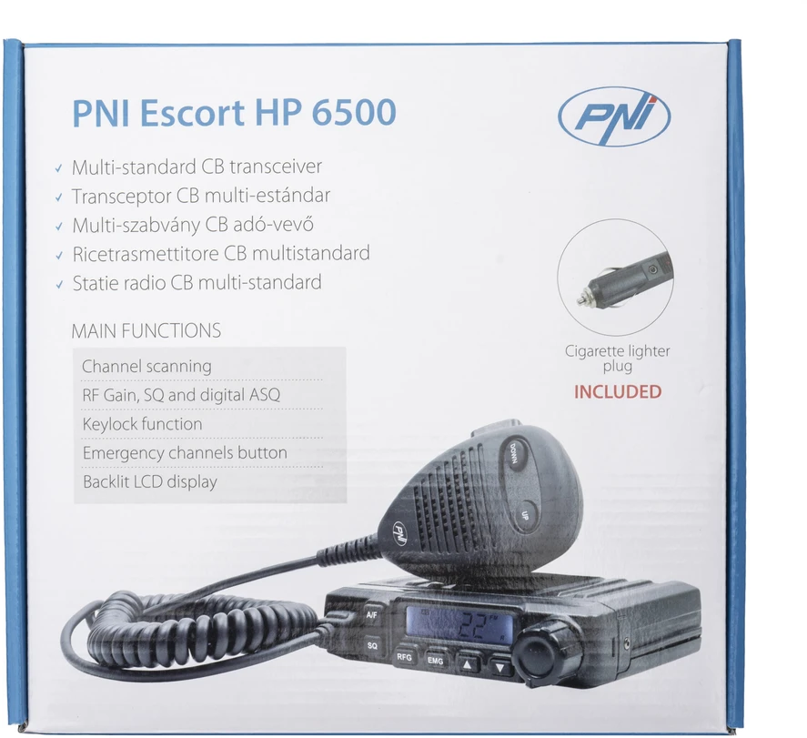 CB PNI Escort HP 6500, daugiastandartė, 4W, AM-FM, 12V, ASQ, RF Gain, komplekte cigarečių degiklio kištukas