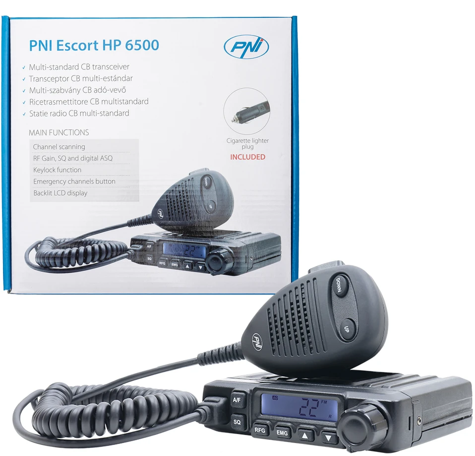 CB PNI Escort HP 6500, daugiastandartė, 4W, AM-FM, 12V, ASQ, RF Gain, komplekte cigarečių degiklio kištukas