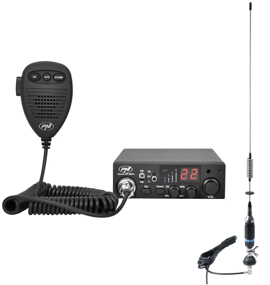 CB PNI ESCORT HP 8001L ASQ radijo stoties komplektas + CB PNI S75 antena su kabeliu ir tvirtinimo laikikliu