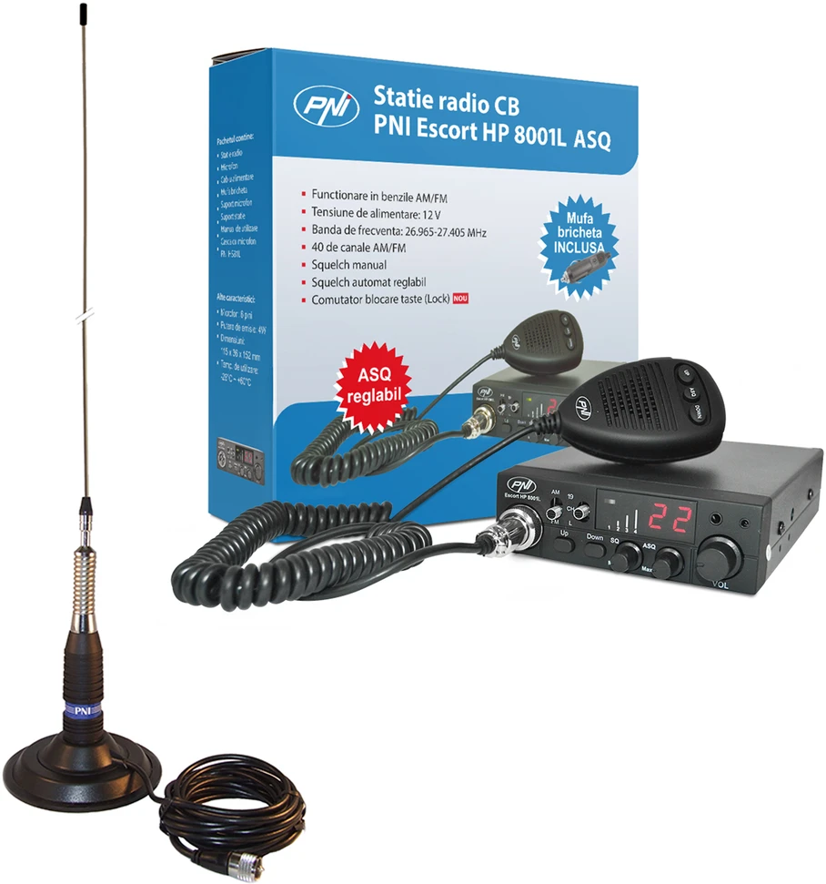 CB PNI ESCORT HP 8001L ASQ radijo stoties rinkinys + HS81 ausinės + CB PNI ML160 antena su magnetu