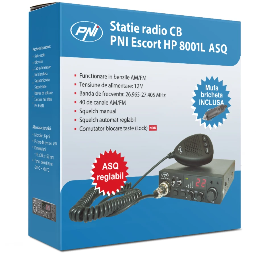 CB PNI ESCORT HP 8001L ASQ radijo stoties komplektas + CB PNI S75 antena su kabeliu ir tvirtinimo laikikliu