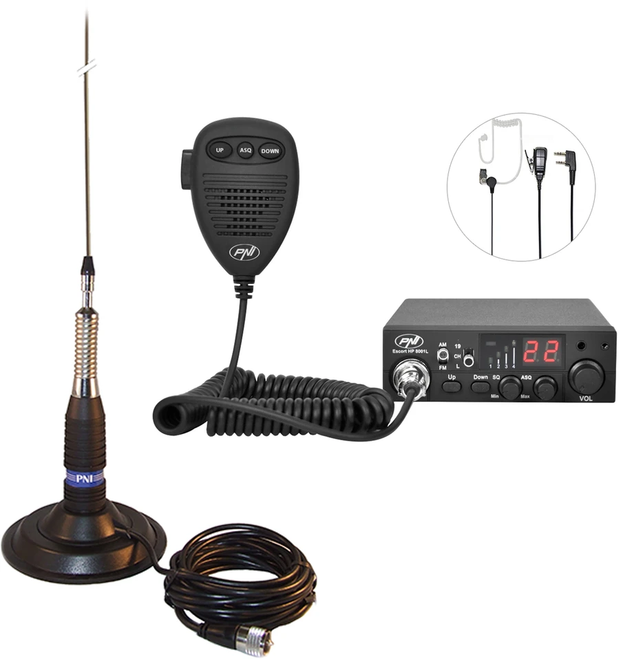 CB PNI ESCORT HP 8001L ASQ radijo stoties rinkinys + HS81 ausinės + CB PNI ML160 antena su magnetu