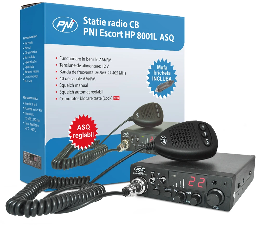CB PNI ESCORT HP 8001L ASQ radijo stoties komplektas + CB PNI S75 antena su kabeliu ir tvirtinimo laikikliu