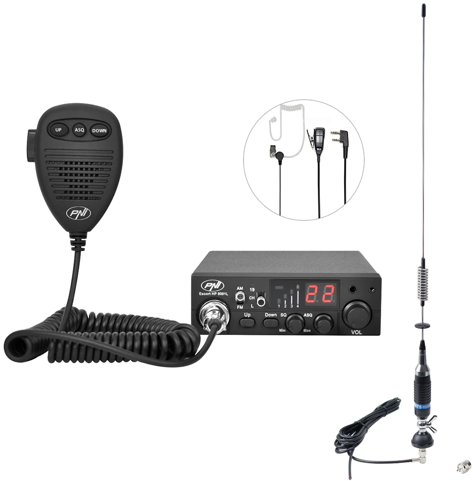 CB PNI ESCORT HP 8001L ASQ radijo stoties komplektas + CB PNI S75 antena su kabeliu ir tvirtinimo laikikliu