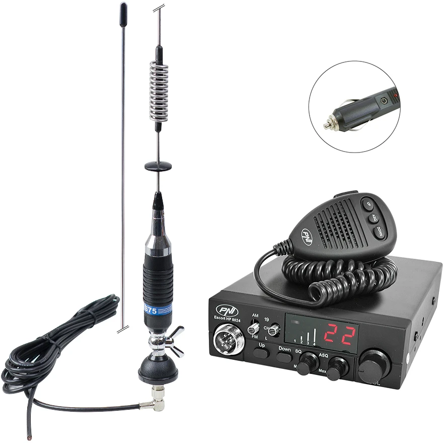 CB PNI ESCORT HP 8024 radijo stoties komplektas, 12V-24V ASQ + CB PNI S75 antena su kabeliu ir stacionariu laikikliu