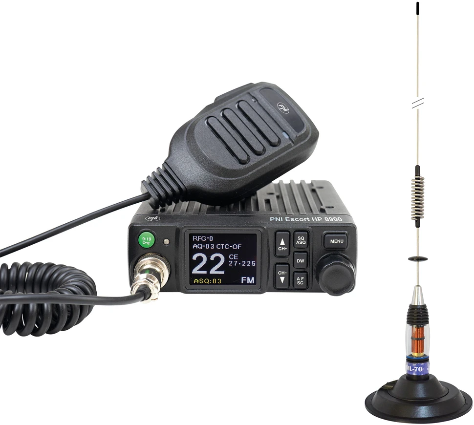 CB PNI Escort HP 8900 ASQ radijo stoties komplektas, 12-24V + CB PNI ML70 antena, 70 cm su 145 mm magnetiniu pagrindu