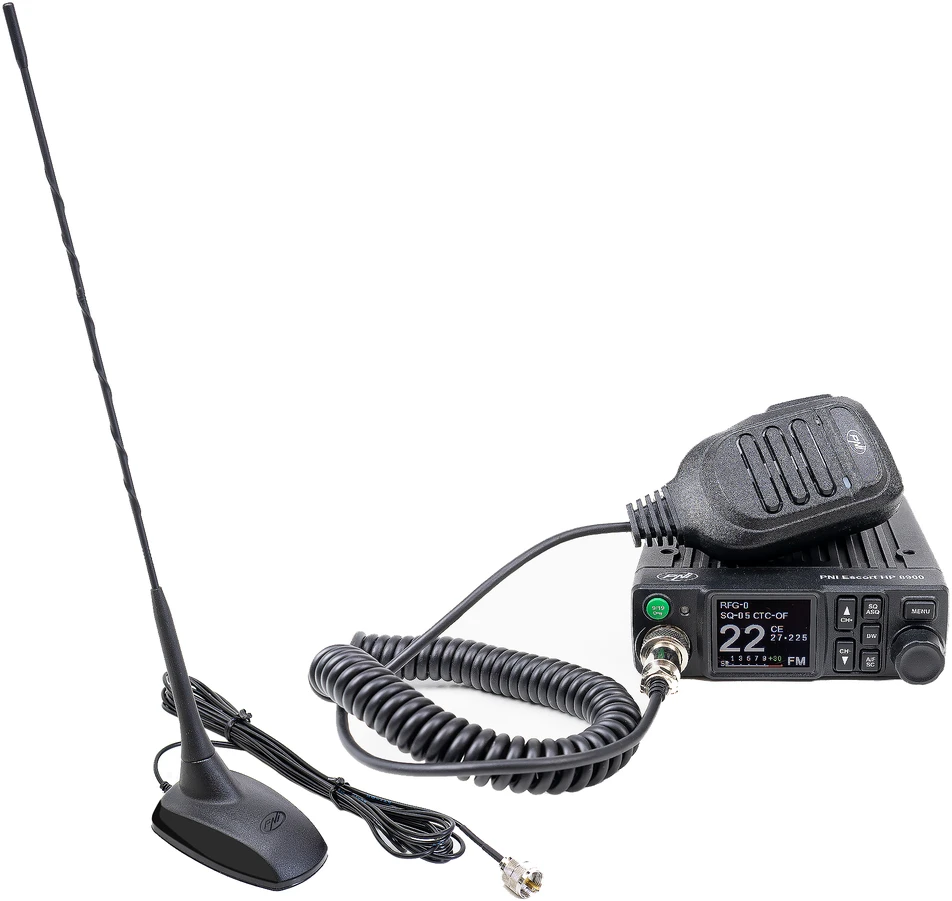 CB PNI Escort HP 8900 ASQ radijo stoties komplektas, 12-24V + CB PNI Extra 48 antena su magnetiniu pagrindu, 12V / 24V maitinimas, RF stiprinimas, Roger Beep, CTCSS-DCS, dvigubas stebėjimas