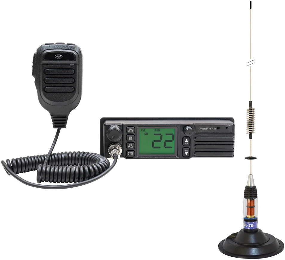 CB PNI Escort HP 9500 radijo stoties komplektas, ASQ, 12-24V + CB PNI ML70 antena, 70 cm su pridedamu 145 mm magnetiniu pagrindu