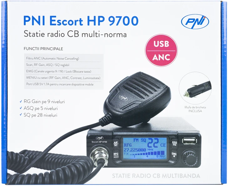 CB PNI Escort HP 9700 USB radijo stoties komplektas ir CB PNI Extra 40 antena su magnetiniu pagrindu, 12V / 24V maitinimo šaltinis, pridedamas cigarečių degiklio kištukas