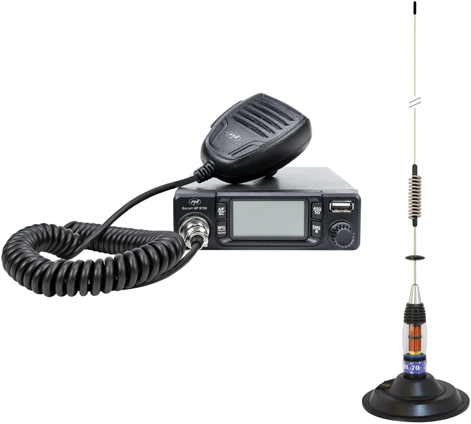 CB PNI Escort HP 9700 USB radijo stoties komplektas ir CB PNI ML70 antena su 145 mm magnetiniu pagrindu