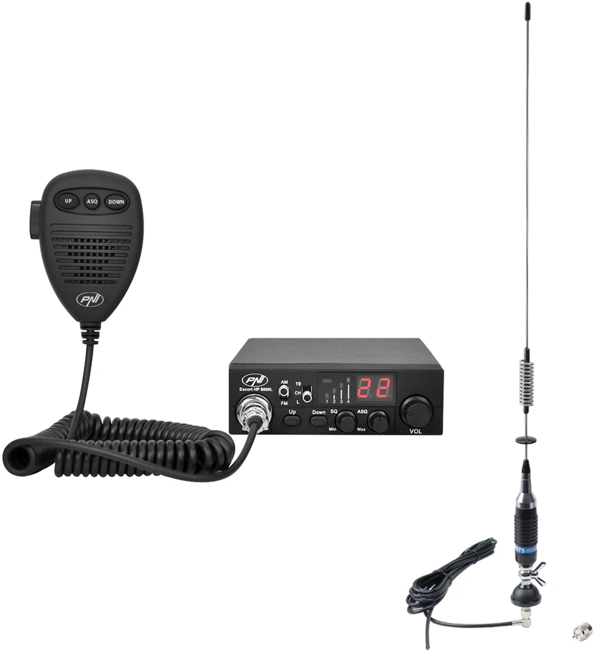 CB PNI Escort radijo stoties rinkinys HP 8000L ASQ + CB PNI S75 antena su kabeliu ir tvirtinimo laikikliu