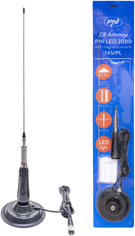 CB PNI LED 2000 antena, 90 cm, su 145 mm magnetiniu pagrindu, 26-28 MHz, 500 W, šviečia perdavimo metu