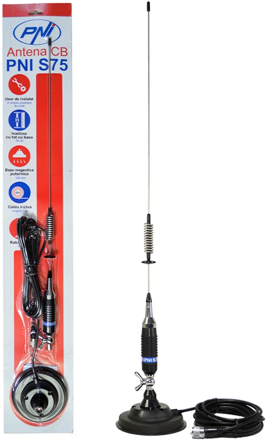 CB PNI S75 antena su drugelio tipo laikikliu, 26-28MHz, strypo ilgis 54 cm, komplekte 125mm magnetas