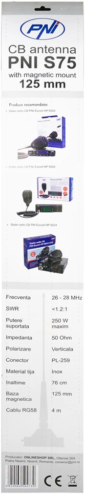 CB PNI S75 antena su drugelio tipo laikikliu, 26-28MHz, strypo ilgis 54 cm, komplekte 125mm magnetas