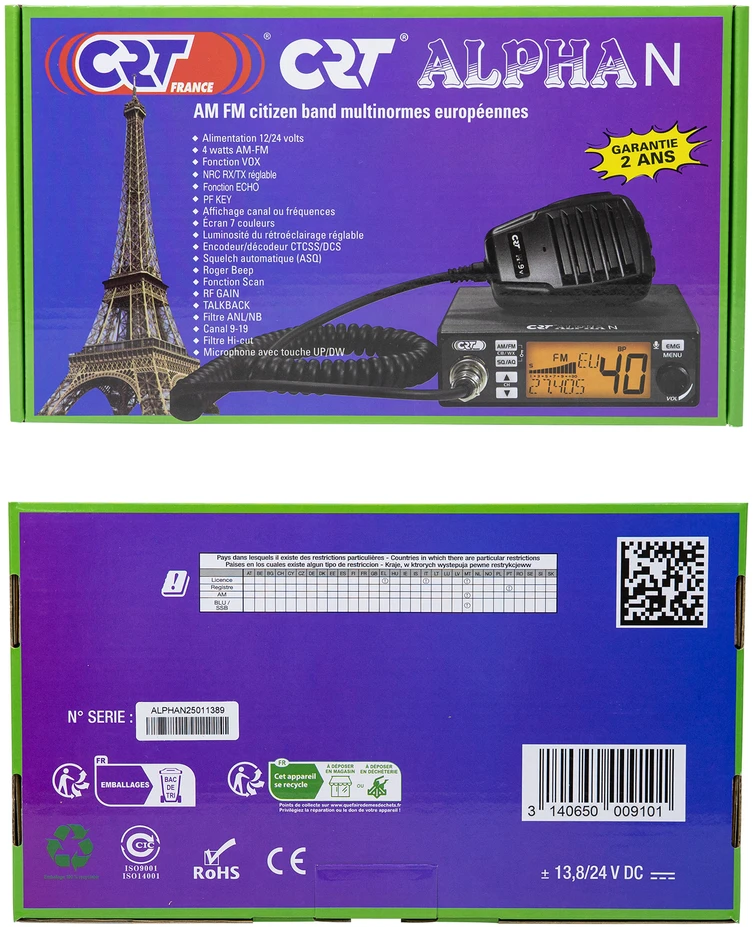 CB radijo stotelė CRT Alpha N ASQ, 4W, NRC, Echo, RF Gain, Roger Beep, spalvotas ekranas, 12V-24V