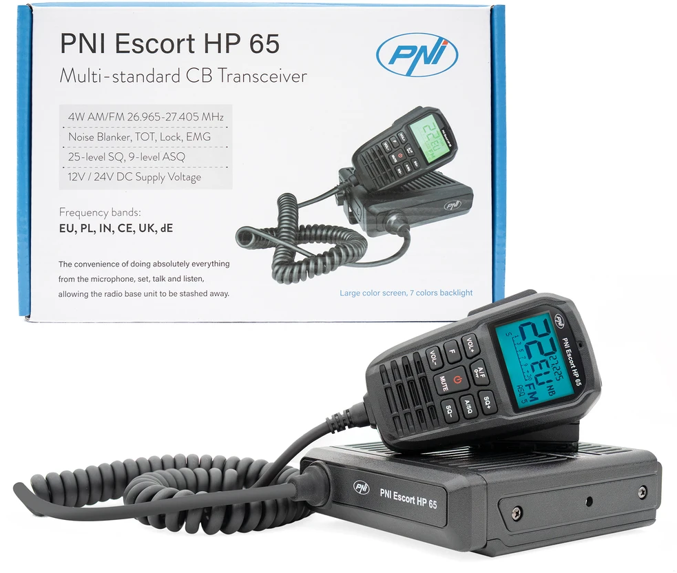 CB radijo stotelė PNI Escort HP 65 ASQ, multi-norm, RF Gain, ASQ, reguliuojamas SQ, 12 – 24 V cigarečių degiklio lizdas pridedamas