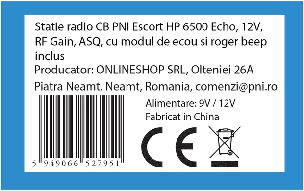 CB radijo stotelė PNI Escort HP 6500 Echo, 12V, RF Gain, ASQ, su įdiegtu aido moduliu ir roger beep funkcija