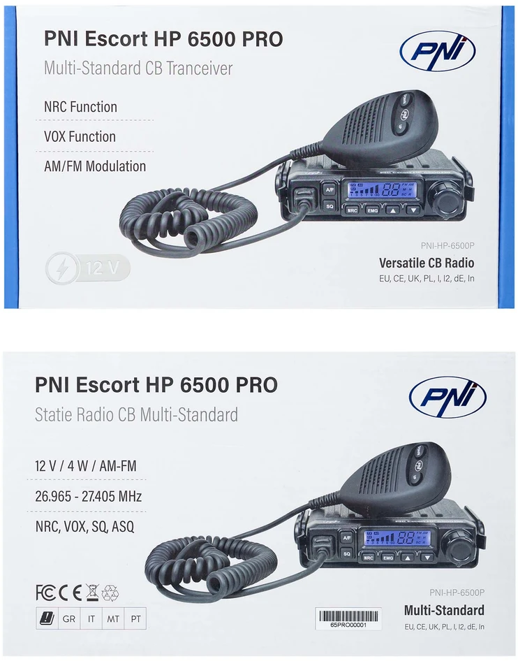 CB radijo stotelė PNI Escort HP 6500 PRO, daugiastandartė, VOX, NRC, 4W, AM-FM, 12V, SQ, ASQ, komplekte yra cigarečių degiklio kištukas