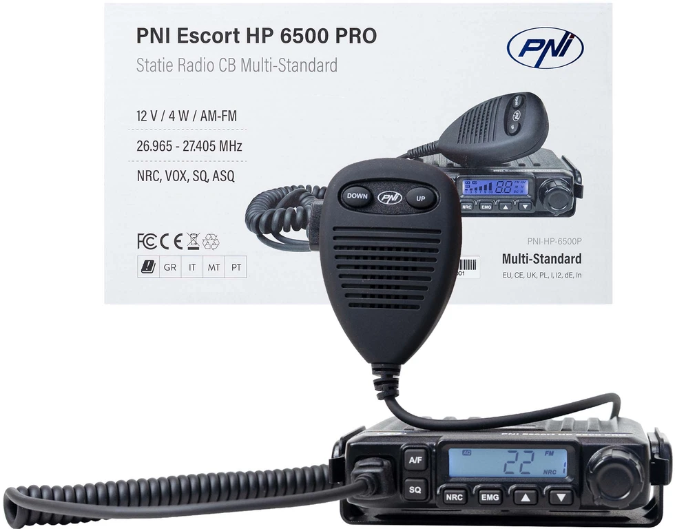 CB radijo stotelė PNI Escort HP 6500 PRO, daugiastandartė, VOX, NRC, 4W, AM-FM, 12V, SQ, ASQ, komplekte yra cigarečių degiklio kištukas