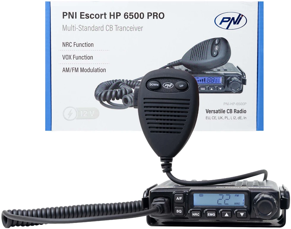 CB radijo stotelė PNI Escort HP 6500 PRO, daugiastandartė, VOX, NRC, 4W, AM-FM, 12V, SQ, ASQ, komplekte yra cigarečių degiklio kištukas